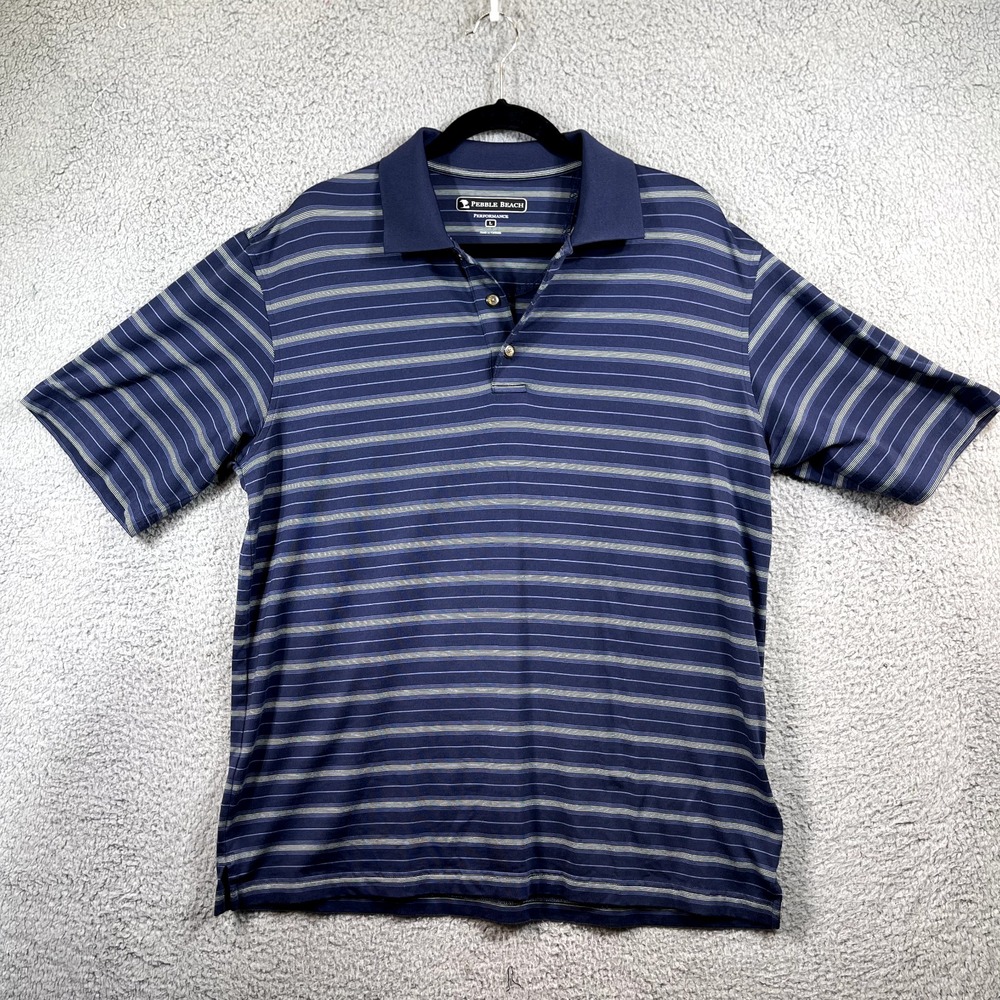 Pebble Beach Shirt Large Performance Mens Golf‎ Polo Shirt Size L Blue Striped